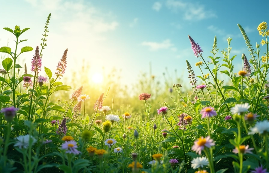 A vibrant field of blooming herbs under a clear sky, symbolizing natural growth and well-being.