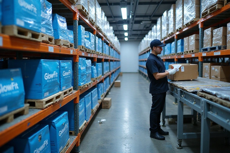 A well-organized warehouse or shipping facility with GlowFit packages ready for dispatch