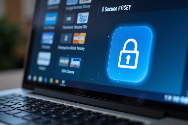 A secure online payment interface with a lock icon, credit cards, and a glow effect